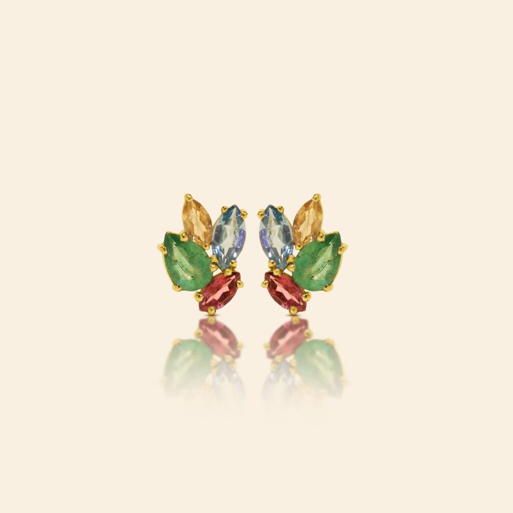 Brinco Aurora Ambar Ouro 18k com esmeralda topazio imperial turmalina rosa topazio swiss