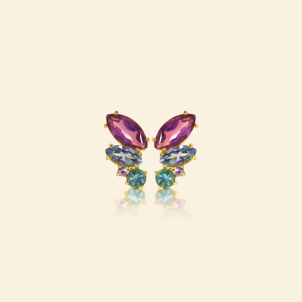 Brinco Aurora PolaresOuro 18k com Ametista, Esmeralda e Topázio atl